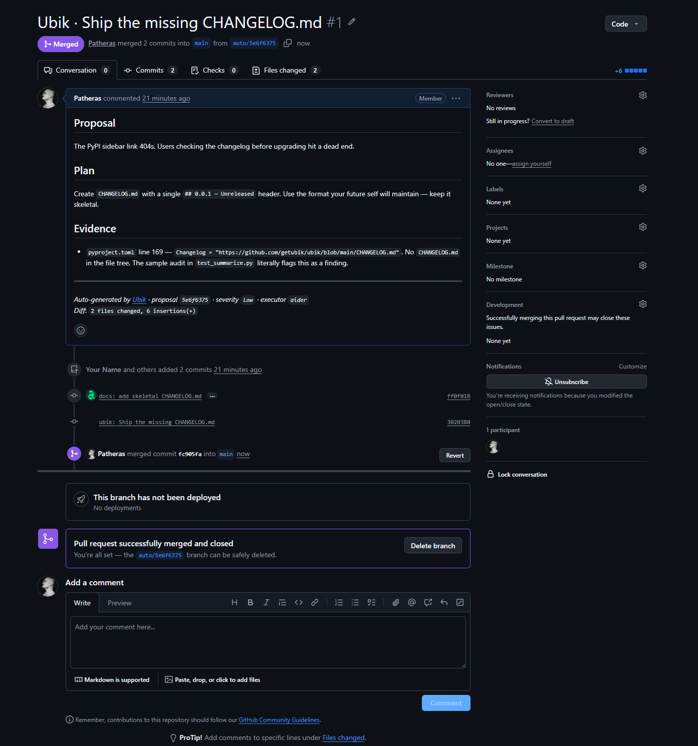 Merged GitHub pull request #1 with auto-generated proposal body and an Auto-generated by Ubik attribution footer.