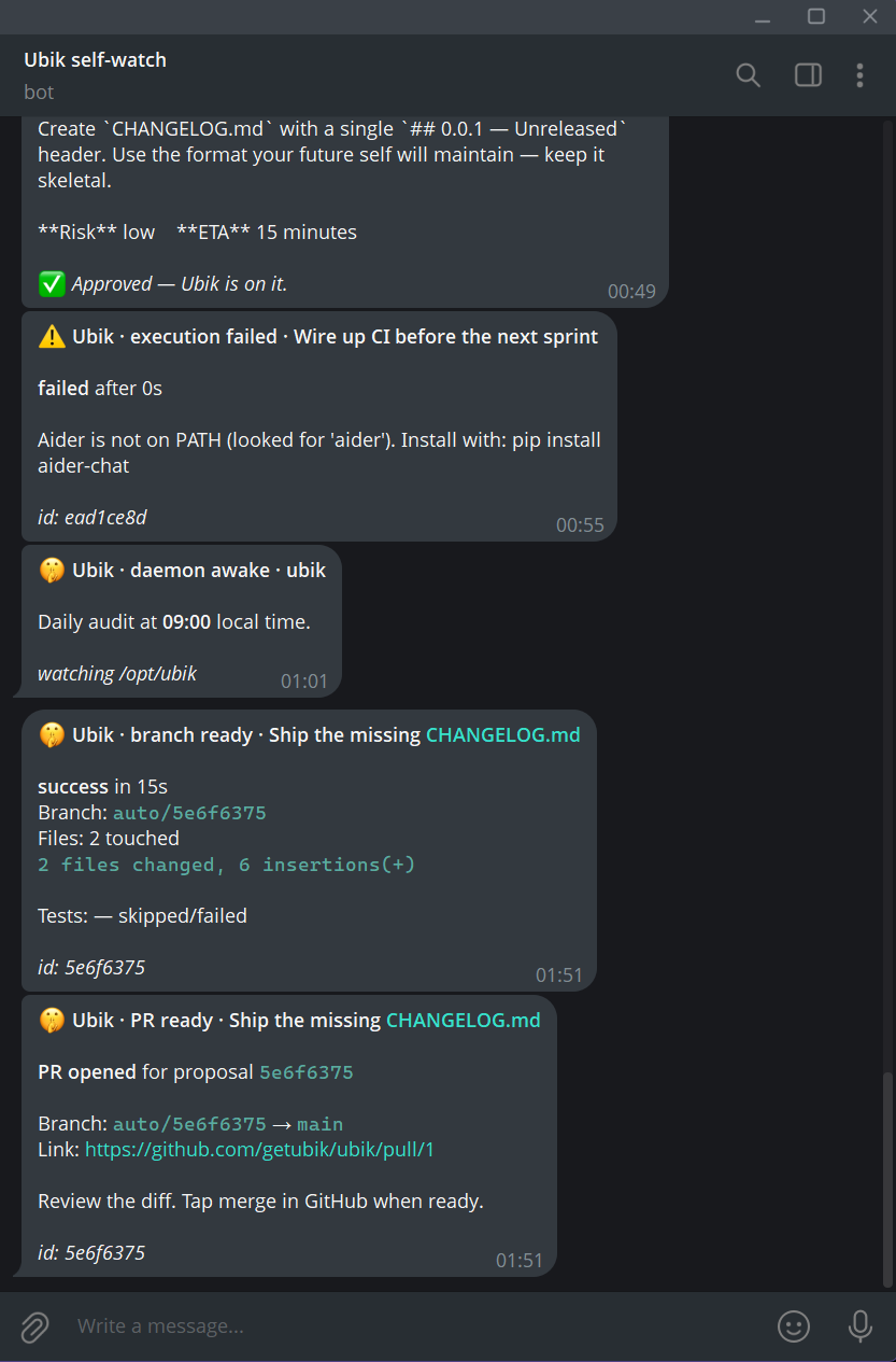 Telegram chat with @ubik_self_bot showing a proposal card, the green-check approval, branch-ready and PR-ready notifications.